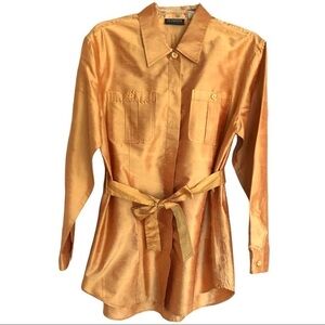 VINTAGE 80s Silk Tie Waist Long Sleeve Button‎ Safari Jacket Blouse Amber Gold S